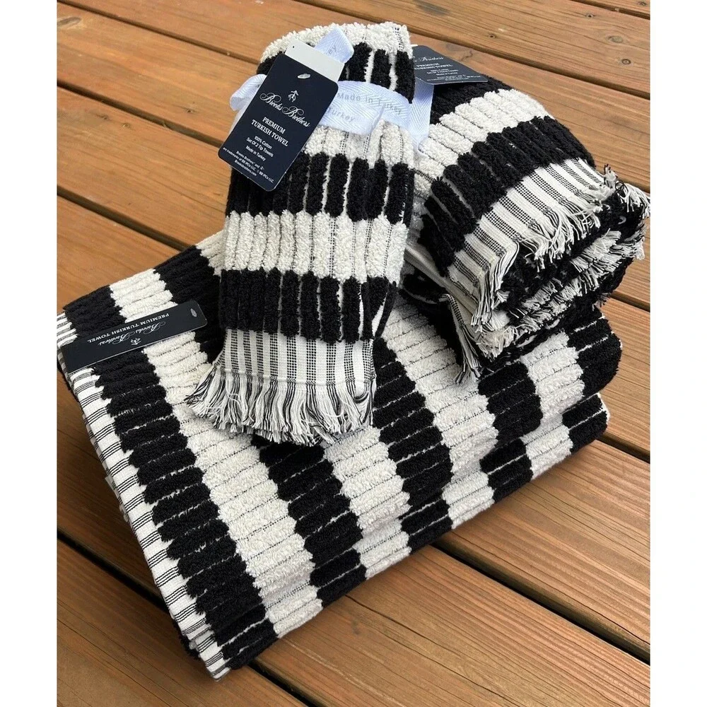 6 PC Brooks Brothers 2 Bath 2 Hand 2 Tip Turkish Towel  Black Striped Tiles New